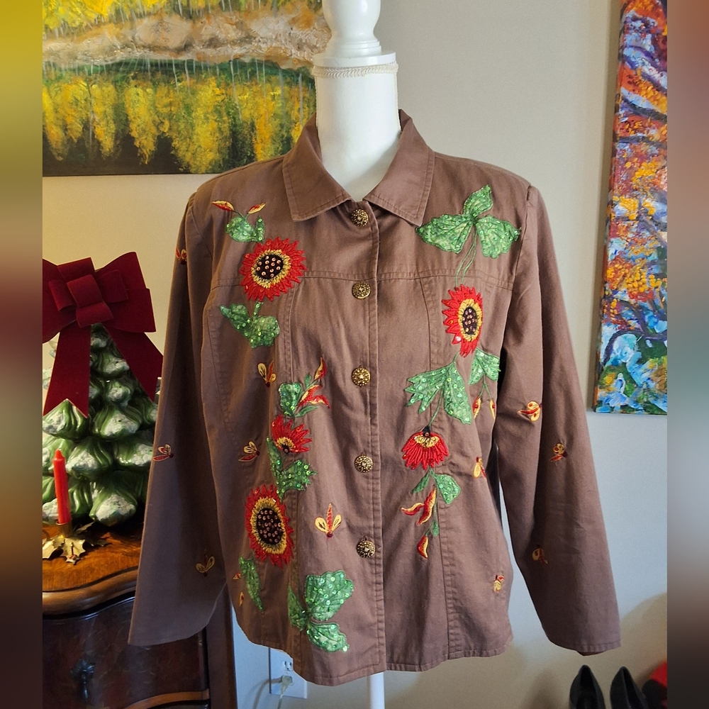 Floral Embroidered Brown Blazer